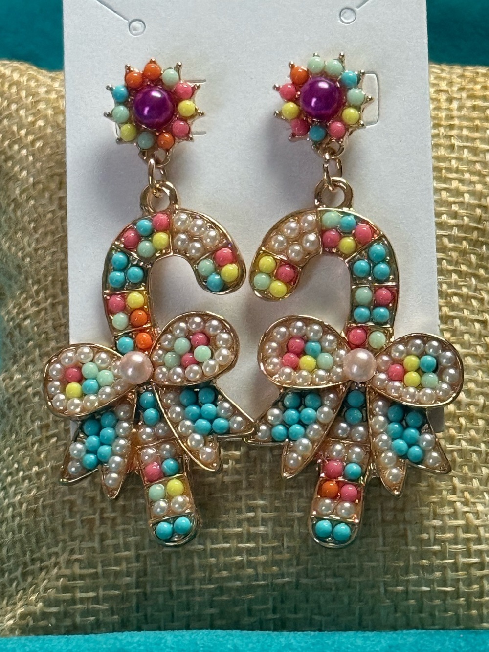 Colorful Beaded Candy Cane Bow Drop Earrings